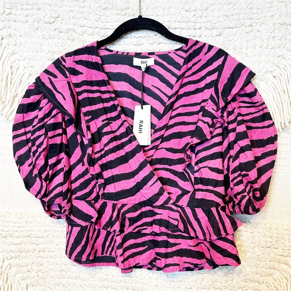 Rahi | Tops | Rahi Pink And Black Zebra Print Diana Puff Sleeve Crop ...